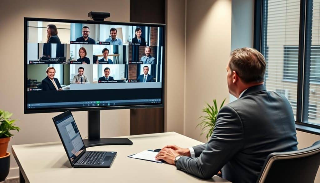 Attorney conducting remote video deposition from law office with multiple participants on screen