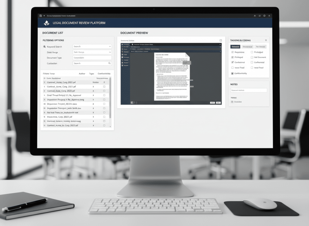 Document review platform interface with filtering and tagging options