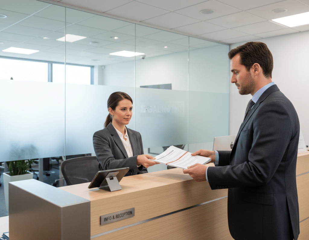 Process server delivering subpoena documents to business office