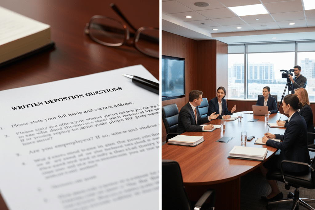 Side by side comparison of written questions deposition versus oral deposition