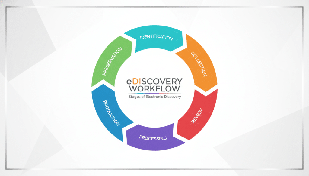 Workflow diagram showing ediscovery process stages from collection to production