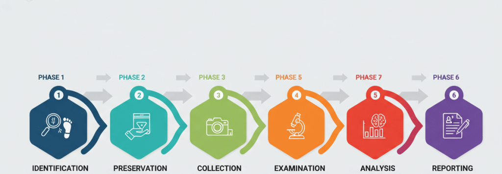 Forensic investigation process showing data analysis and evidence collection methods Forensic investigation process showing data analysis and evidence collection methods