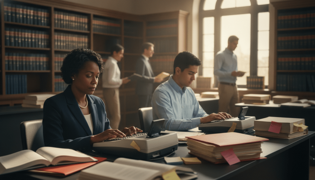 A busy court reporting office filled with professionals in action. In the foreground, two court reporters are seated at their desks, focused on typing on stenotype machines, their expressions showing concentration. One is a middle-aged African American woman in professional attire, while the other is a young Hispanic man dressed in smart casual clothing. In the middle ground, various legal documents and evidence folders are scattered across the desks. The background features shelves filled with legal books and a large window illuminating the scene with natural light. The overall atmosphere is one of diligence and professionalism, capturing the essence of the skills and training required in court reporting. The image should have a slight depth of field effect, focusing sharply on the reporters while softly blurring the background.