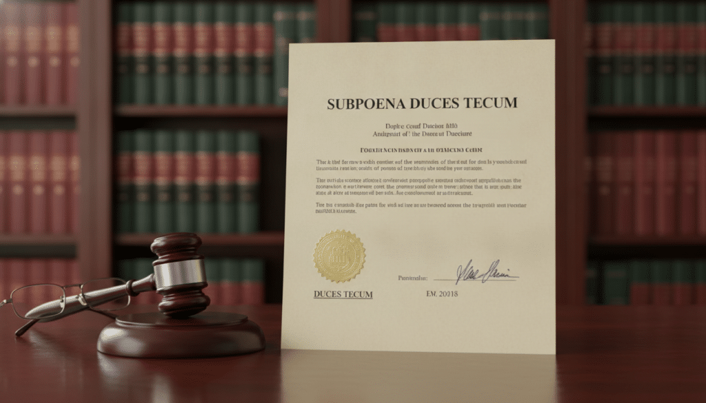 A close-up view of a legal document labeled "Subpoena Duces Tecum," prominently displayed on an elegant wooden desk. The foreground includes a polished dark wood gavel and a pair of reading glasses, suggesting a legal context. In the middle, the subpoena is meticulously detailed, featuring official seals and signatures, conveying authority. The background subtly includes bookshelves filled with law books, softly blurred to keep the focus on the document. Soft, warm lighting illuminates the scene, creating a professional and serious atmosphere. Use a standard lens to capture the details sharply, ensuring clarity. The overall mood is one of professionalism and gravitas, befitting a legal setting.