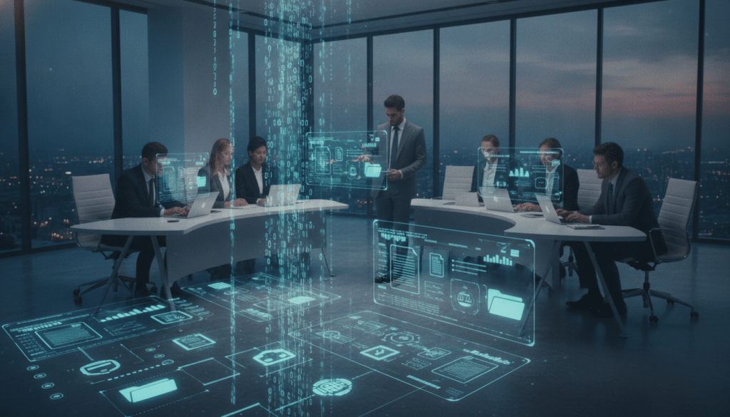 A dynamic and modern office scene showcasing electronically stored information, with a digital display in the foreground featuring illuminated data streams, binary codes, and stylized icons representing files and documents. In the middle layer, a group of diverse professionals dressed in business attire work collaboratively at sleek desks, analyzing charts and data on their laptops, surrounded by holographic screens projecting relevant information. The background consists of a glass-walled conference room with a cityscape view, enhanced by soft, ambient lighting that creates a productive, focused atmosphere. The overall mood is one of innovation and efficiency, with a clear emphasis on the importance of managing electronic data in a legal context.
