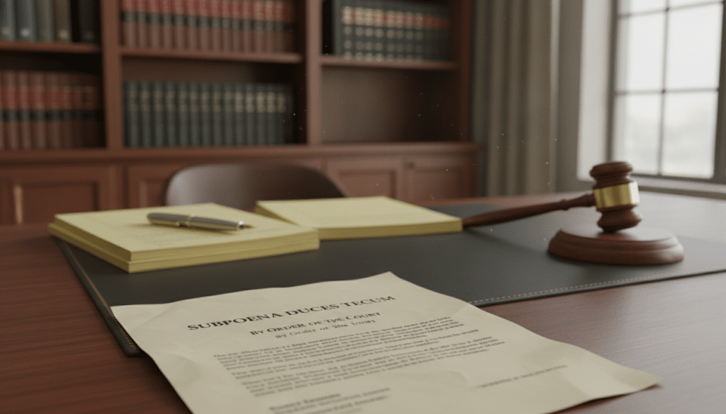 A formal legal document resembling a subpoena takes center stage in the foreground, with a slightly crumpled appearance, printed on cream-colored paper, showcasing distinct legal jargon. In the middle ground, a polished wooden desk is scattered with legal pads, a pen, and a classic gavel, creating a professional atmosphere. The background features a blurred office setting with bookshelves filled with legal books and a large window softly illuminating the scene with natural light, casting subtle shadows. The overall mood is serious yet educational, emphasizing the importance of understanding legal documents in modern litigation. The image should be captured from a slightly elevated angle to provide depth and focus on the details of the subpoena while maintaining a clean composition.