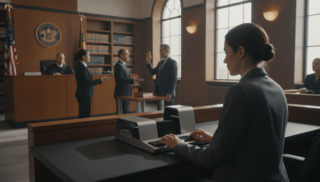 A modern court reporting scene set in a busy courtroom. In the foreground, a professional court reporter sits at a sleek, contemporary stenography machine, focused and typing diligently. The middle ground showcases a diverse group of people, including a judge in robes, attorneys in formal business attire, and a witness on the stand, all engaged in legal proceedings. The background reveals courtroom architecture, with wooden panels, legal bookshelves, and the American flag displayed prominently. Soft, natural lighting filters in through large windows, creating an atmosphere of professionalism and seriousness. The camera angle is slightly elevated, providing a clear view of the court reporter's concentration and the dynamics of the courtroom. The mood is focused and diligent, reflecting the importance of court reporting in the legal industry.