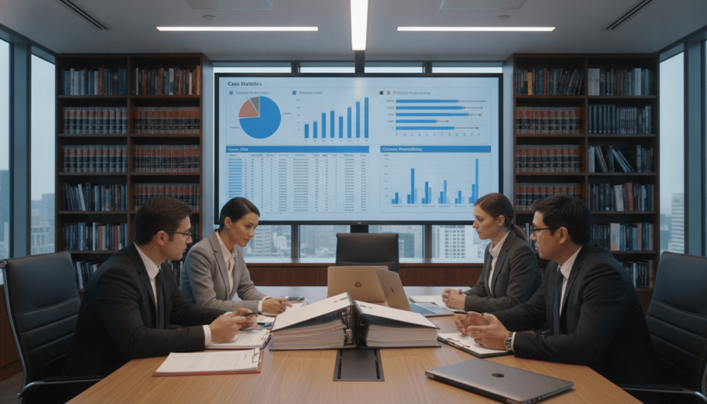 A modern office environment focused on litigation support. In the foreground, a diverse group of four professionals, dressed in smart business attire, engage in a collaborative discussion around a large conference table cluttered with legal documents, laptops, and case files. In the middle, a large screen displays complex charts and graphs, representing data analysis and case statistics. Behind them, a wall of bookshelves filled with legal texts and resources adds an academic touch. The lighting is bright and focused, creating an atmosphere of diligence and professionalism. A wide-angle perspective captures the scene's dynamic interactions and the importance of teamwork in legal settings. The mood is serious yet collaborative, embodying the essential role of litigation support professionals.