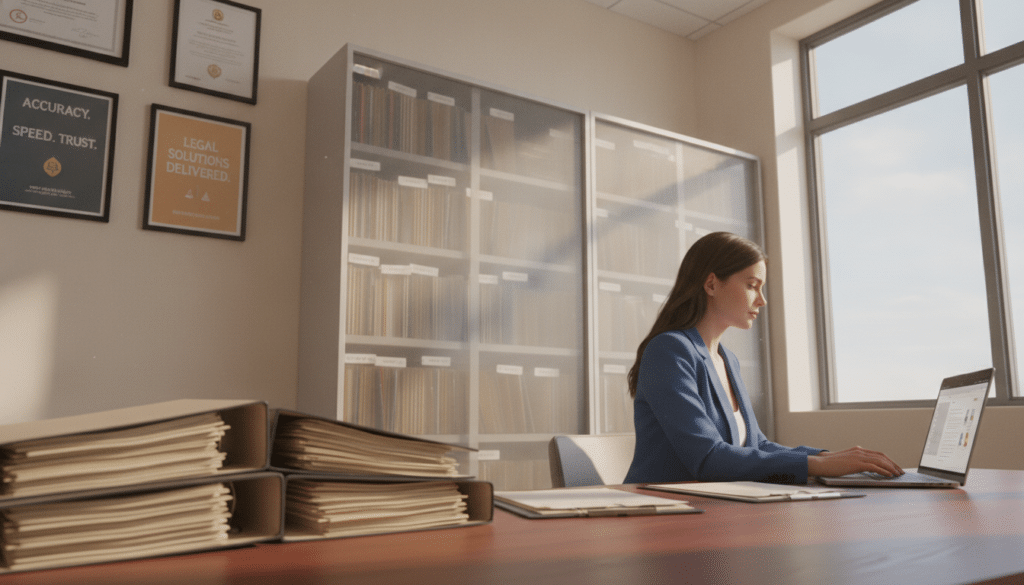A modern office environment focused on record retrieval services. In the foreground, a well-dressed professional woman in a smart suit is seated at a desk, reviewing documents on a laptop, with various organized files and folders neatly arranged beside her. The middle layer features a large, semi-transparent filing cabinet filled with labeled folders, showcasing the meticulous organization of records. In the background, walls adorned with framed certificates and motivational posters illustrate a professional atmosphere. Natural light streams through a large window, creating a warm yet focused ambiance. The overall mood is one of efficiency and professionalism, capturing the essence of fast, accurate legal services. Use a slight tilt angle to emphasize depth and perspective, portraying a sense of dynamic workplace activity.