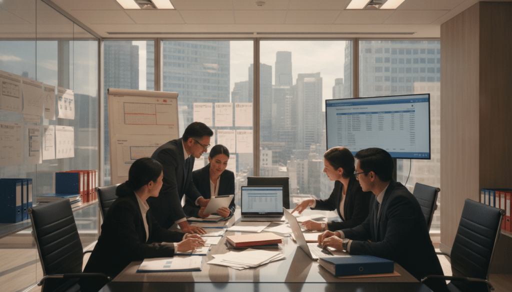 A modern office environment showcasing a litigation support scenario. Foreground features a diverse team of professionals in business attire, actively discussing documents and digital devices. A middle section displays an array of legal files, charts, and a laptop open with litigation software, highlighting the detailed analytical process. The background reveals a large window with a cityscape, allowing natural light to flood the room, creating a bright and inviting atmosphere. The lighting is warm and focused, emphasizing teamwork and collaboration. Use a wide-angle lens to capture the depth of the space, conveying an atmosphere of productivity and professionalism. The mood is serious yet positive, reflecting the critical nature of litigation support in legal processes.