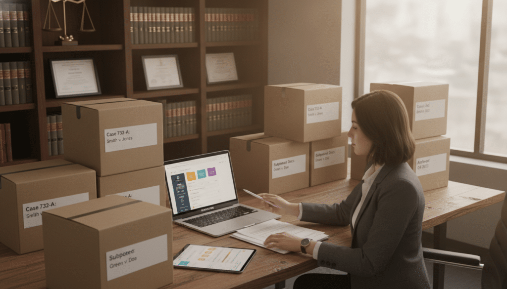 A modern office scene showcasing the concept of record retrieval services. In the foreground, a professional in business attire is seated at a desk, intently reviewing documents with a laptop open, displaying organized digital records. In the middle ground, stacks of neatly organized file boxes labeled with various legal terms and case numbers. The background features a wall-mounted bookshelf filled with law books and a large window allowing soft, natural light to illuminate the space. The composition should have a warm, focused atmosphere, suggesting efficiency and professionalism. Use a slight overhead angle to emphasize the organized chaos of record management, capturing the essence of fast and accurate legal services in action.