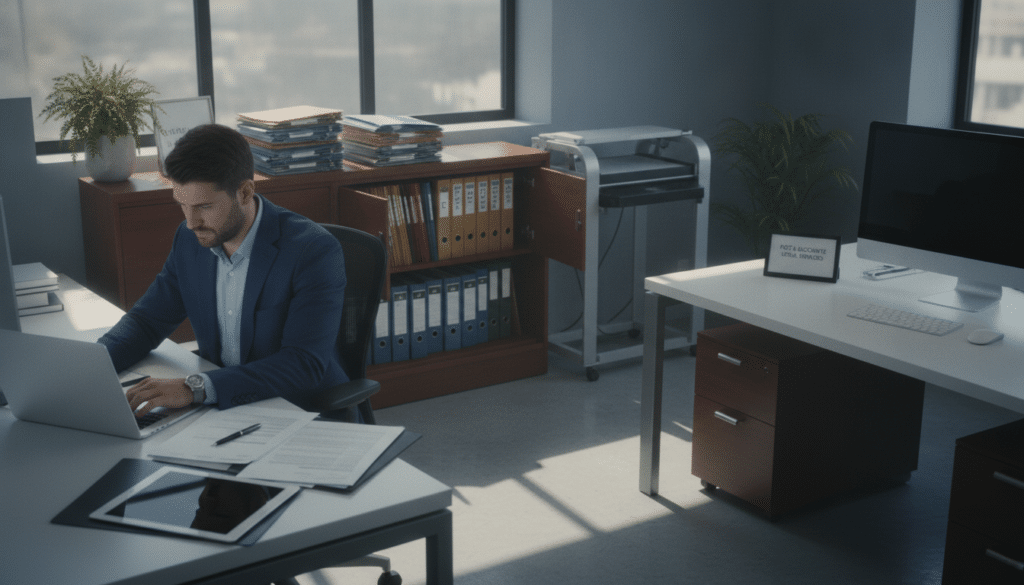 A modern office setting dedicated to record retrieval services, with an organized workspace featuring neatly stacked folders and digital devices. In the foreground, a business professional in business attire is focused on a laptop, reviewing documents with a look of concentration. In the middle, an open filing cabinet displays categorized files, while a sleek scanner sits nearby, indicating efficient document management. The background shows a large window with natural light flooding the room, casting soft shadows on the desks. The mood is one of productivity and professionalism, with a color palette of muted blues and warm wood tones. Capture the essence of fast and accurate legal services in a dynamic yet serene atmosphere.