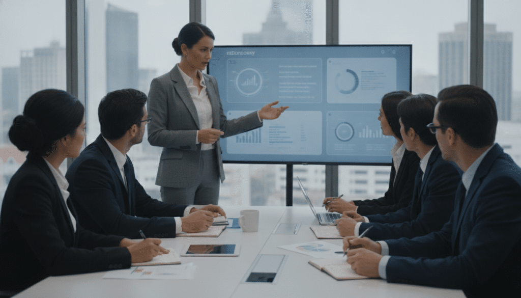 A modern, sleek office conference room, showcasing a diverse group of professionals engaged in a deep discussion about electronic discovery in litigation. In the foreground, a woman in a tailored suit, pointing at a large digital screen displaying complex data visualizations and graphs related to eDiscovery processes. In the middle, a diverse team of men and women in business attire, focused on the screen, with some taking notes and others analyzing documents on tablets and laptops. The background features large windows allowing natural light to flood the room, with a cityscape visible outside. The mood is collaborative and serious, with an atmosphere of innovation and modernity, emphasizing the importance of technology in legal practices. The lighting is bright and professional, highlighting the team's engagement and the high-tech environment.