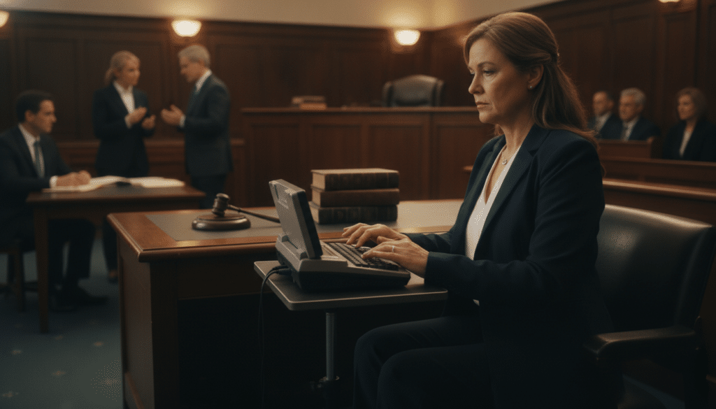 A professional court reporter seated in a courtroom, typing diligently on a stenotype machine. In the foreground, focus on the reporter, a middle-aged woman wearing a tailored navy blue suit, her expression concentrated and focused. In the middle ground, capture elements of the courtroom: a wooden judge’s bench, a stack of legal documents, and attorneys engaged in discussion. In the background, blurred figures of jurors can be seen for context. Soft, warm overhead lighting casts a professional ambiance, creating a sense of serious work. The angle should be slightly tilted, as if taken from an observer’s perspective in the gallery, emphasizing the importance and solemnity of the litigation process. The overall mood should reflect professionalism and dedication, showcasing the essential role of court reporters.
