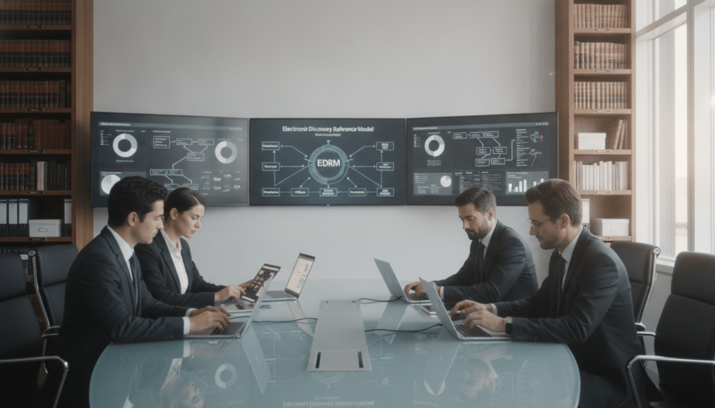A sophisticated eDiscovery process depicted in a modern office setting. In the foreground, a diverse group of professionals in business attire are engaged around a sleek conference table, analyzing digital documents on laptops and tablets. The middle ground features large screens displaying the Electronic Discovery Reference Model, with charts and flow diagrams illustrating the complex process. The background shows shelves filled with legal books and files, emphasizing the legal context. The lighting is bright and natural, coming from large windows, creating a professional yet inviting atmosphere. Capture the essence of teamwork and high-tech efficiency in the eDiscovery process, focusing on collaboration and technology in a legal environment.