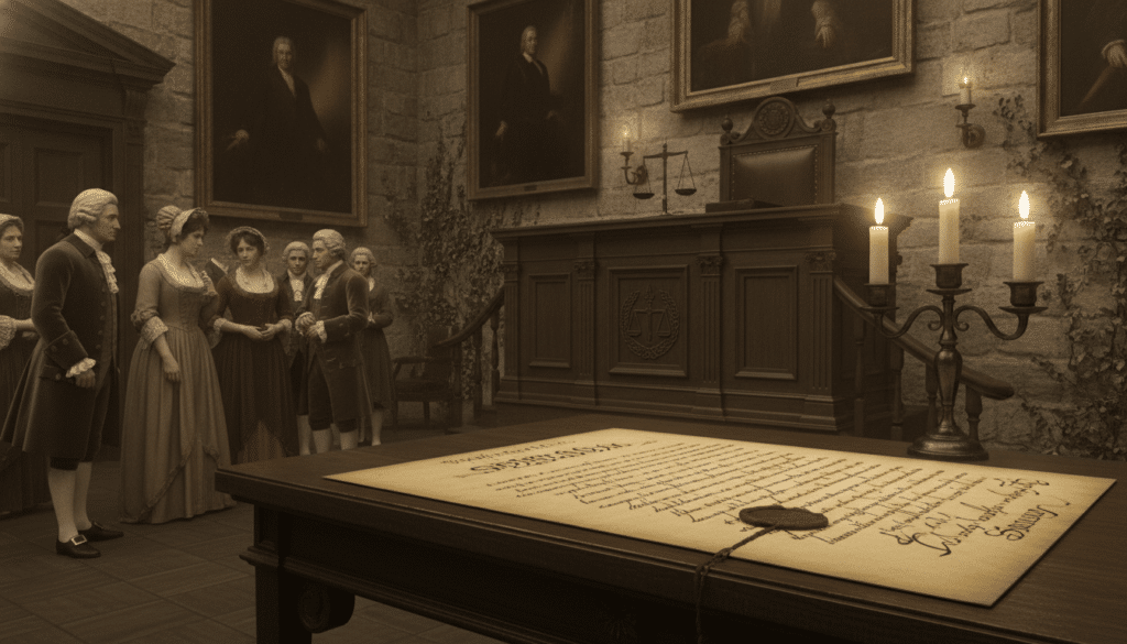 A vintage courtroom scene capturing the historical origins of legal summons. In the foreground, an ancient parchment with intricate calligraphy detailing a subpoena, illuminated by soft, warm candlelight, sits on an ornate wooden table. The middle ground features a judge’s bench adorned with traditional legal symbols, and a small, attentive audience of professionally dressed 18th-century individuals, engaged in serious discussion. The background showcases an ivy-covered stone wall, hinting at a classical architecture style, with dimly lit oil paintings of prominent legal figures. The mood is one of gravitas and respect for the law, with a focus on the historical significance of legal proceedings. The lighting casts gentle shadows, creating depth and a sense of nostalgia, as if transporting the viewer back in time.